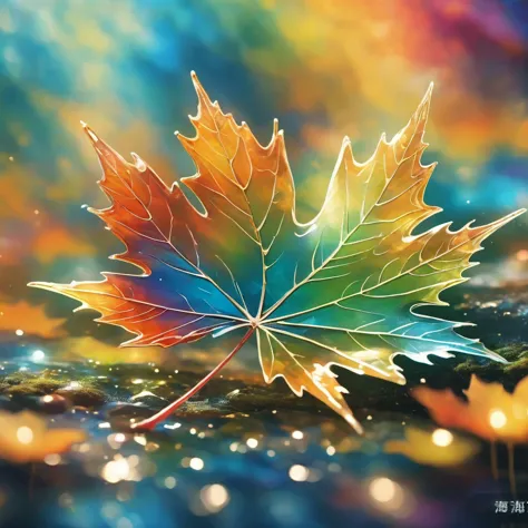 abstract geometric art. close-up of giant crystal maple leaf, strong light source. the intricate network of leaf veins acts like...