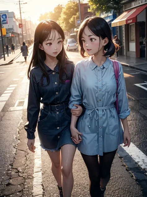 two girls, casual clothing, sun after the rain, (walking in rhythm), street lady, sister love, places and spaces, love is love, ...