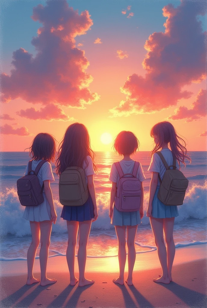 silhouette, circle formation, high school girls, happy, pastel color, sunset, beach,