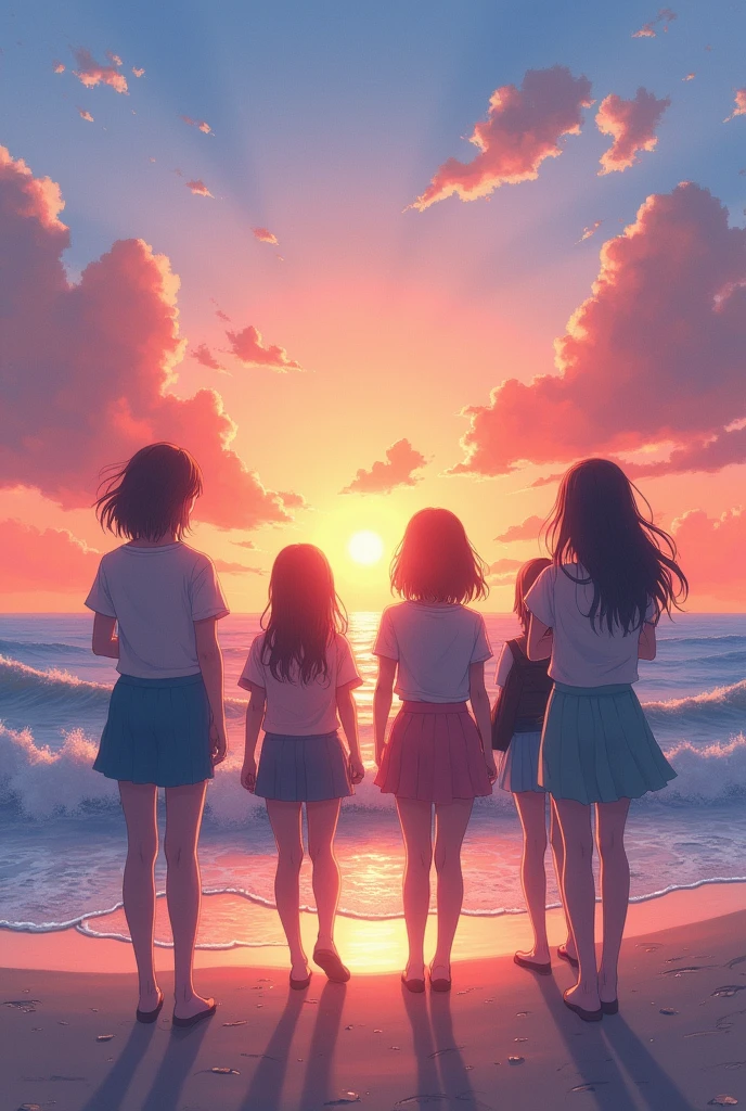 silhouette, circle formation, high school girls, happy, pastel color, sunset, beach,