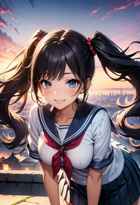 (((Highest quality:1.2, Very detailed, Delicate and beautiful CG art, Detailed illustrations, Attention to detail, masterpiece:1.2, Highest quality, Best aesthetics))), ((1 girl)), JK, (Sailor suit, Pleated skirt), smile:1.2, (Black Hair, Twin tails in a raised position, Bust Shot:1.1, Leaning forward:1.4, Random Pause, Friendly atmosphere, Shiny Hair, Beautiful Skin, Detailed face and eyes, Glossy Lips, Curvy Women, Slender body, Beautiful breasts:1.4, Rooftop, (((Park on high ground, Detailed port city background, Magic Hour, Backlight, silhouette:1.5))), Light and shadow with attention to detail, Background Blur.