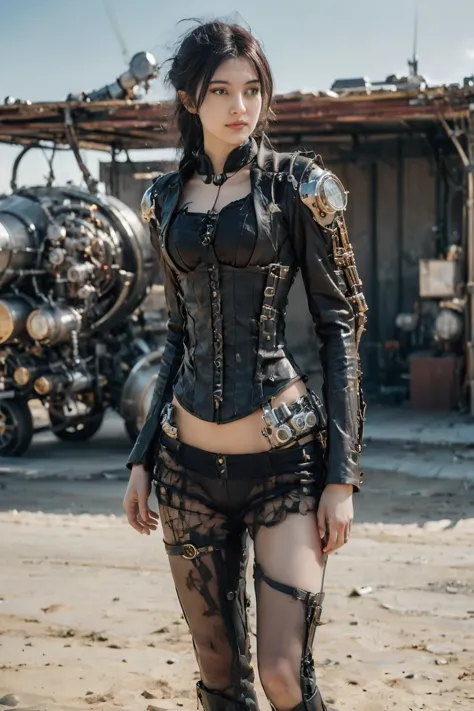 cute young teen biomechanical steampunk fight cyborg woman realistic movie shallow focus scene, more about her full body steampu...