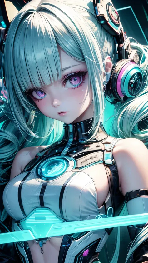 a portrait of a mechanical girl in stunning 8k resolution, meticulously detailed to the utmost realism. the scene is bathed in g...