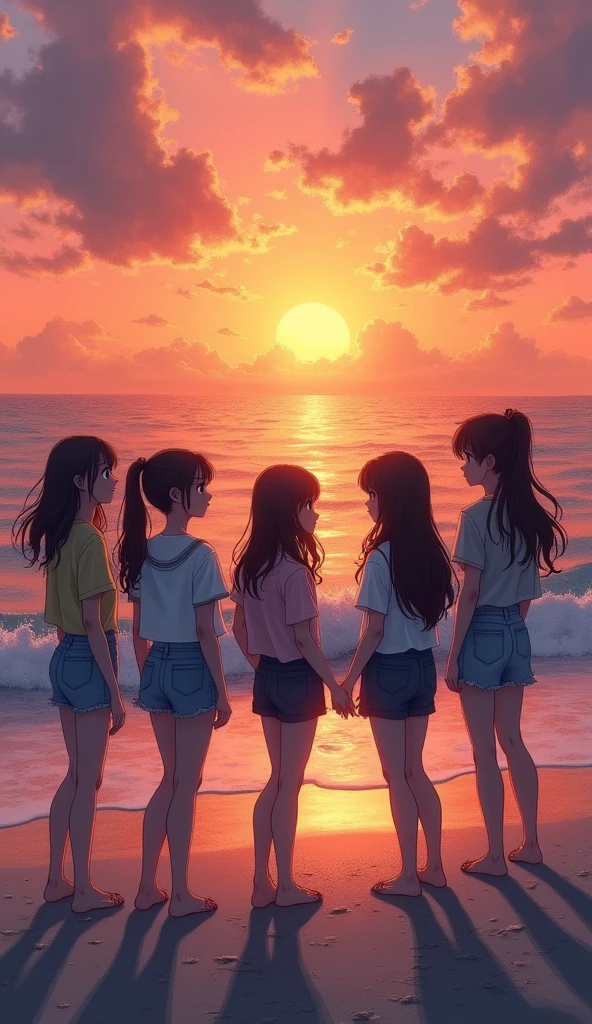 silhouette, circle formation, high school girls, happy, pastel color, sunset, beach,