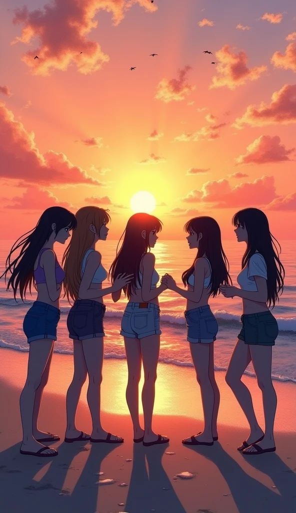 silhouette, circle formation, high school girls, happy, pastel color, sunset, beach,