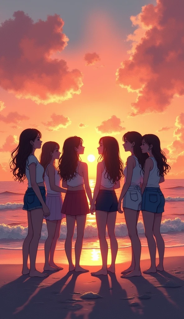 silhouette, circle formation, high school girls, happy, pastel color, sunset, beach,