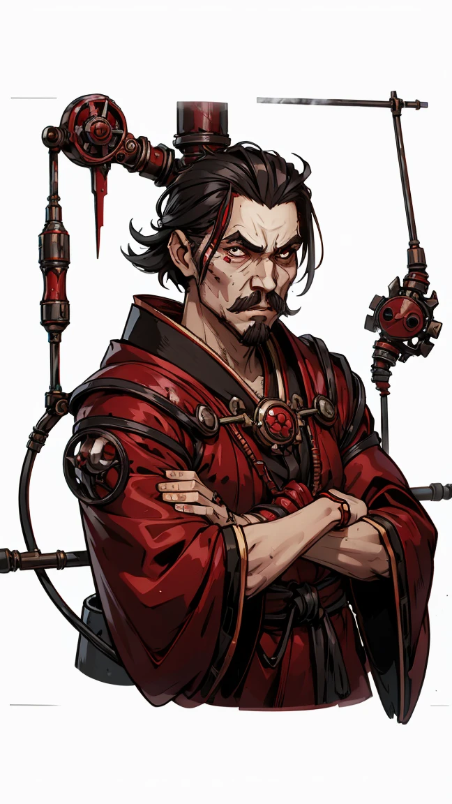  crude, mechanical, adult_male, Japanese, evil, sinister, mustache, mouche, glass_lens_in_right_eye, wires_through_face, wires_in_head, wires_across_head, deformed, stitches_across_face, arrogant, spiteful, dull_red_robes, dried_blood_splatters_in_robes, chaos, slaanesh, multiple_arms, ((((upper body portrait)), frontal view, plain white background, standing))