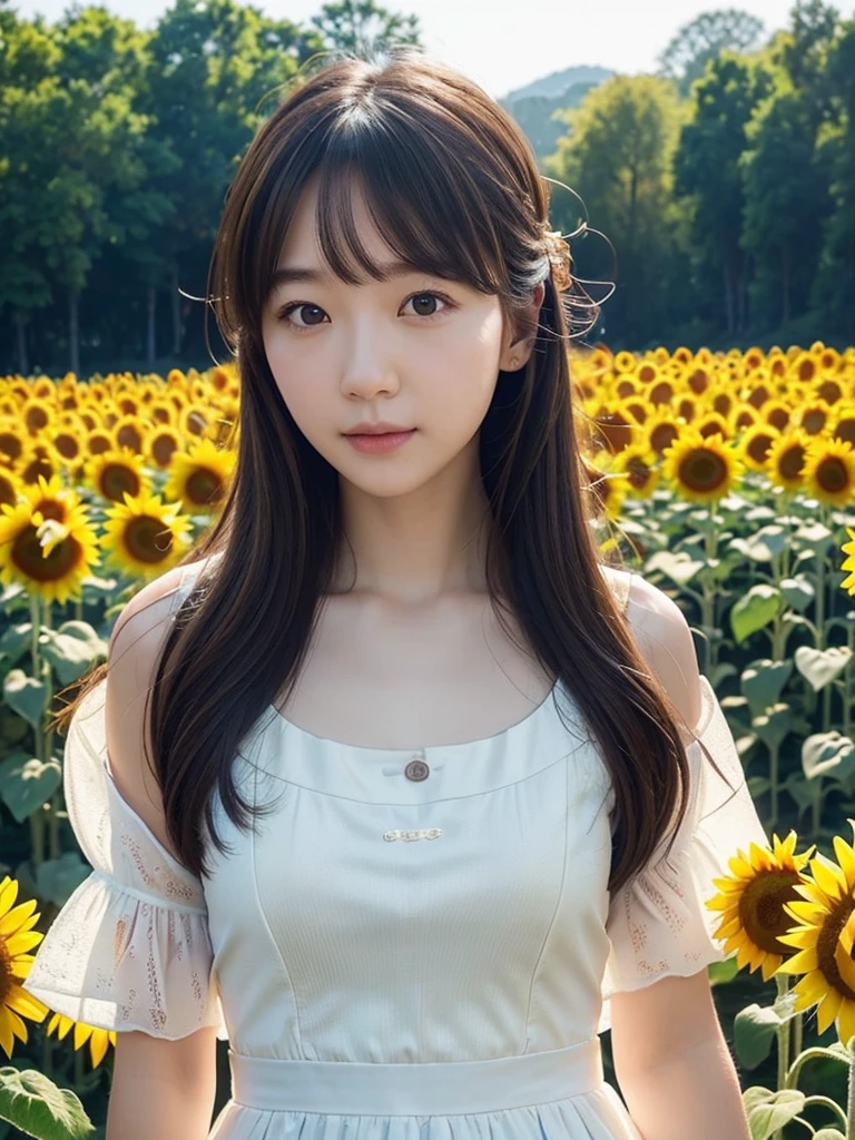 Sunflower field、dress、(Highest quality)、((Very detailed))、4K、(8k)、masterpiece、Very detailedな、Highest quality、Super Resolution、1 person、Kind Face、Soft Light、RAW quality、Soft Skin、163cm、2、Textured skin