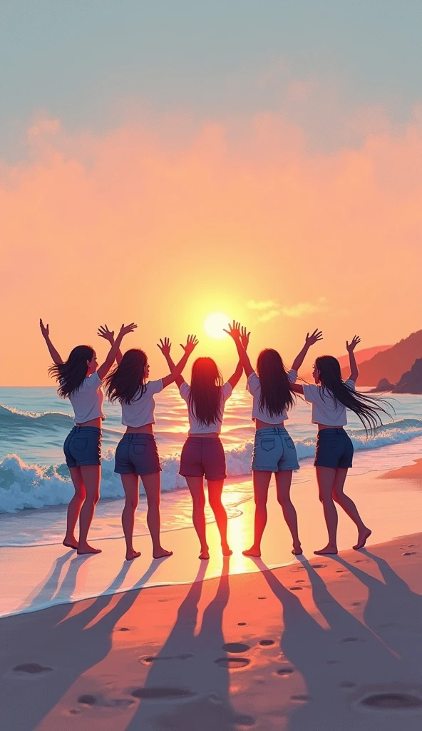 silhouette, circle formation, high school girls, happy, pastel color, sunset, beach,