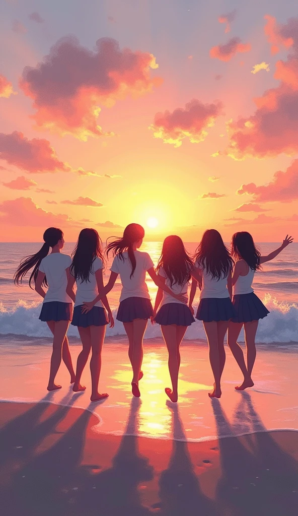 silhouette, circle formation, high school girls, happy, pastel color, sunset, beach,