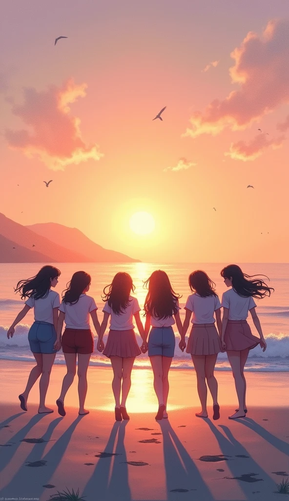 silhouette, circle formation, high school girls, happy, pastel color, sunset, beach,