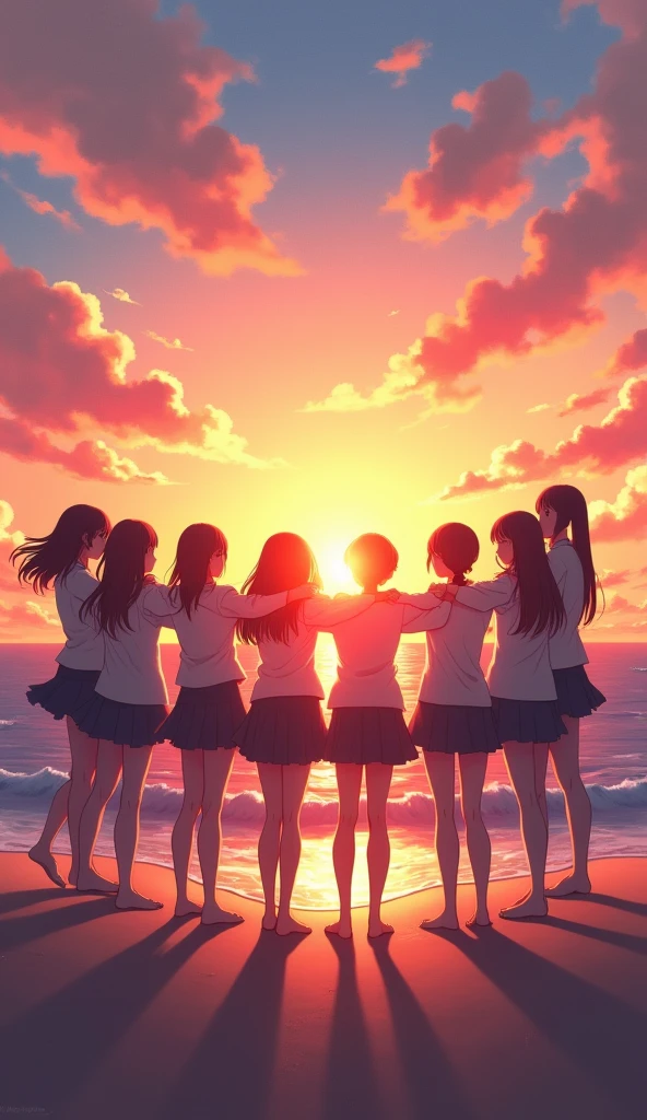 silhouette, circle formation, high school girls, happy, pastel color, sunset, beach,