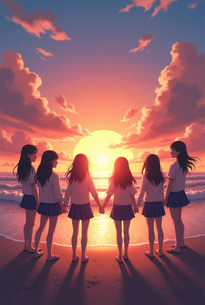 silhouette, circle formation, high school girls, happy, sunset, beach,