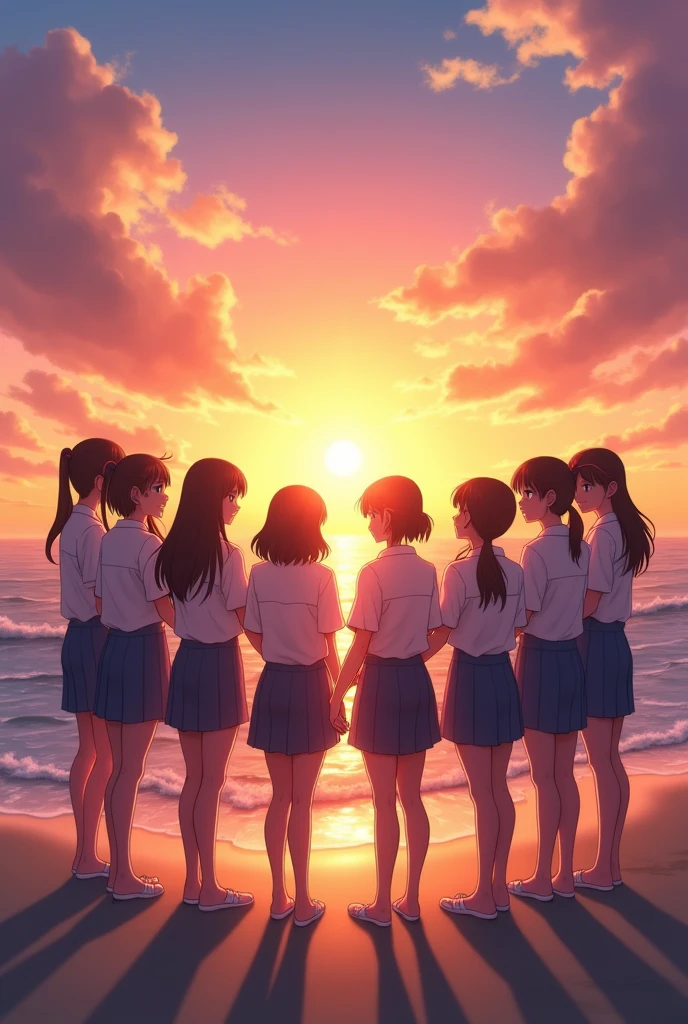 silhouette, circle formation, high school girls, happy, sunset, beach,