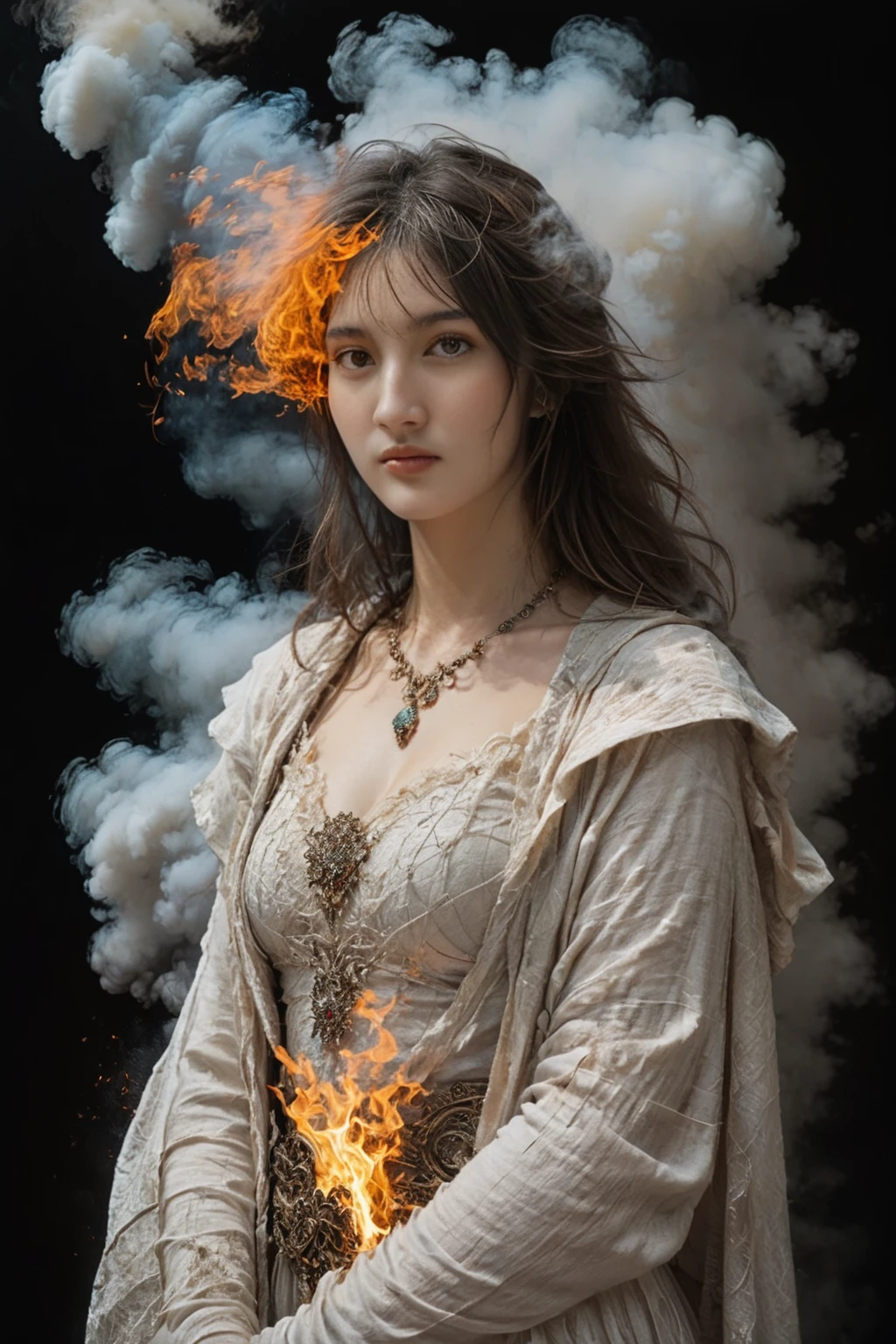 priestess body made out of ash cloud with burning nimbus, perfect fiery photography by Mark Mann, Wlop, Albrecht Dürer, wlop, muted wet colors, intricate detailed, stunning, fire, smoke, beautiful, cloudy, fluffy, static charge, sacral portrait, artistic masterwork by head of prompt engineering, bangs hair