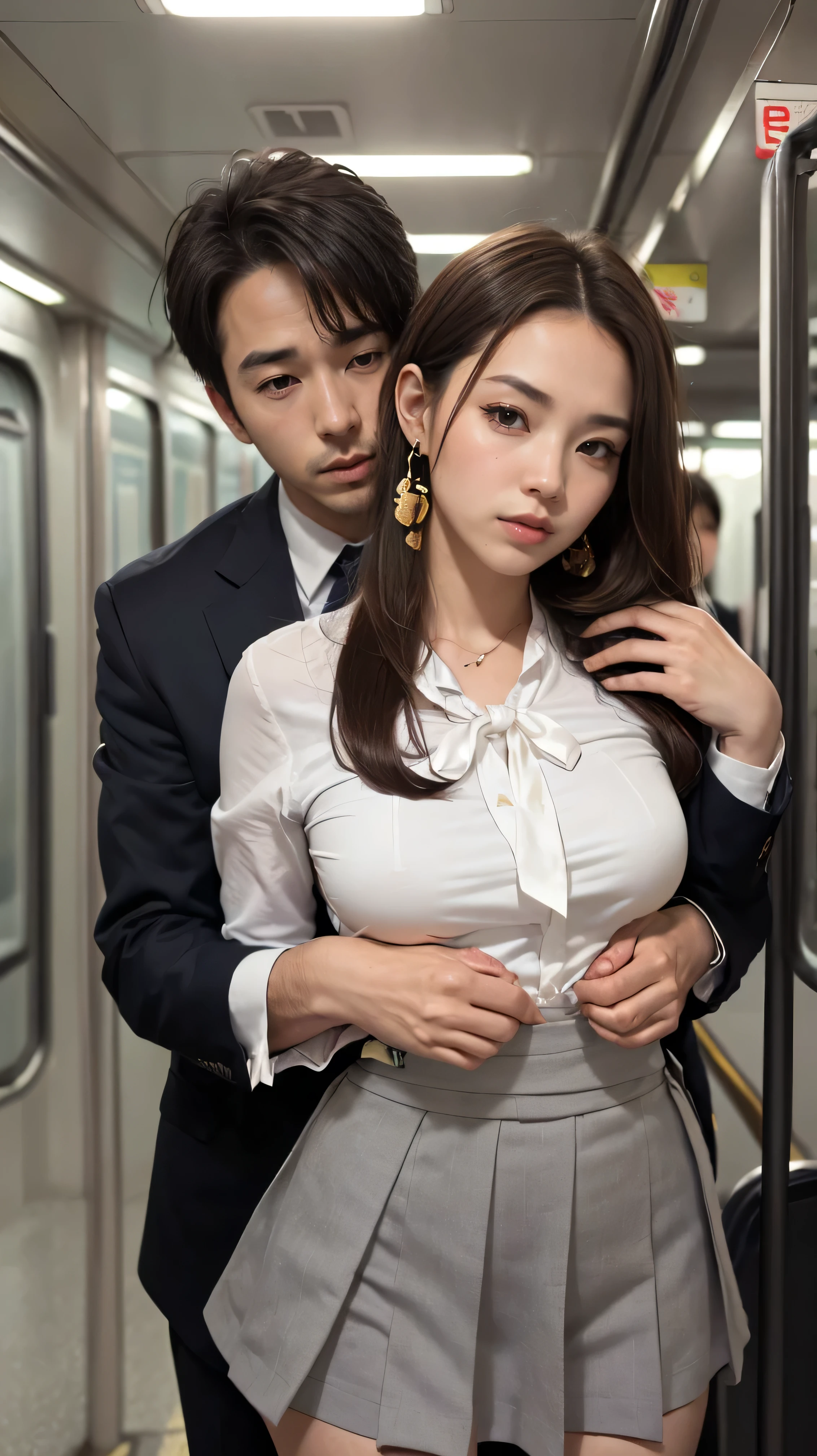 NSFW Viewer discretion advised, Crowded train, Japan , Handsome man hugging his girlfriend from behind, Talk in her ear, Lift her up, Twist up your miniskirt, 40k, photograph, masterpiece, Highest quality, Dark Gray Background, 　((Japan girls' high school uniform_white brouse_big ribbon tie_)), An older man is leaning on her from behind、i held you up, Mr...々Strike a Pose.((Long straight hair_Hair reaching down to the waist:1.3))gold necklace＿Large earrings、((close her eyes,Furrow her brow deeply:1.3)),