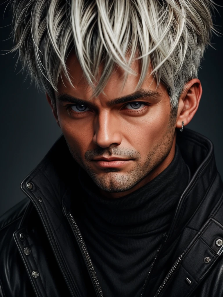 (best quality), 1boy, mature man, tanned skin, silver hair, medium hair, hair loosely combed back, brown eyes, perfect eyes, muscular, handsome, cold expression, black turtleneck, coat jacket, clean shaven face, masterpiece, anatomically correct, highres
