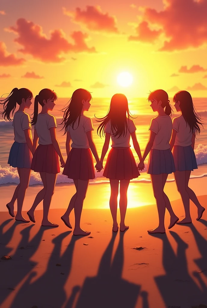 silhouette, circle formation, high school girls, happy, sunset, beach,