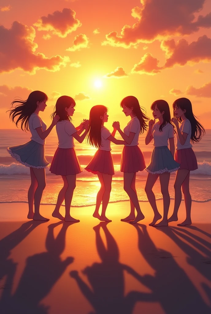 silhouette, circle formation, high school girls, happy, sunset, beach,