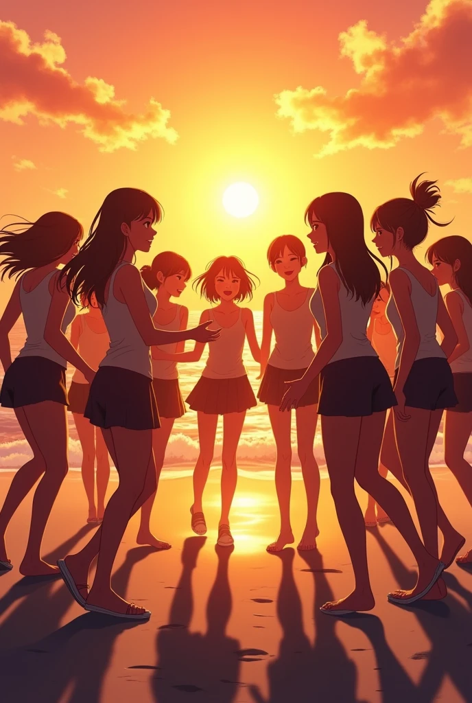 silhouette, circle formation, high school girls, happy, sunset, beach,