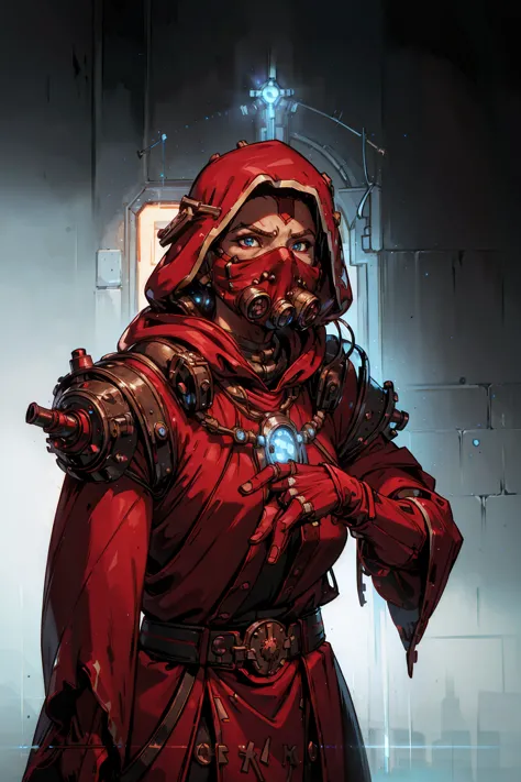 ancient tech-priest, long red mantle and hood, face-mask, glowing blue led lights, (((upper body portrait)), frontal image, plai...