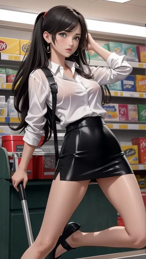 (high definition images), tifa final fantasy 7 remake character, ((red cheeks, an embarrassed expression)), the legs are very lo...