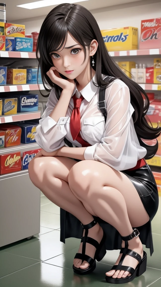 (High definition images), tifa Final Fantasy 7 Remake character, ((Red cheeks, An embarrassed expression)), The legs are very long, The legs are small and slender, ((White short-sleeved collared shirt)), (black pencil skirt), sandals, (not wearing underwear), (no underwear), (no panties, Visible genitals), Lubricant flows from the pussy, There was sweat coming out of the pussy, (There is a lot of pubic hair), (full body image), (crowd), In a convenience store.