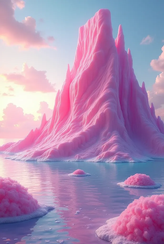 An enormous mountain made entirely of bubblegum rises from a candy-colored sea. The backlight from the sun creates a warm, glowing aura around the mountain, highlighting its pastel hues and giving the scene a whimsical, otherworldly feel.Alta resolución, Obra maestra, Preciso, La mejor calidad, Premiado muchas veces, Detalle, Detalles altos, Calidad, Muy detallado, Contraluz, 