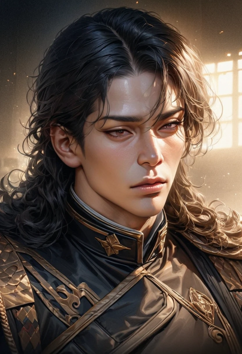 (absurdres, highres, ultra detailed, HDR) master piece, best quality, man, adult male, 1 person,, 밤 도시의 애니메이션 man, attractive man with сиреневые глаза while Squinting your eyes,, black hair, 1 person, Black military uniform, beautiful and delicate eyes, Squinting your eyes,, shoulder length curly hair, (best quality,4K,8 thousand,high resolution,masterpiece:1.2), very detailed, (realistic, photorealistic,photo-realistic:1.37),bright colors,dramatic lighting,Complex parts,elegant,exquisite,cinematic, Muscular build, 키가 큰 man