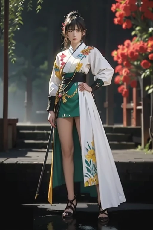 Full body photo of a person，Depicting a fantasy female warrior holding a staff。 Hall々Standing in a posture with，The expression is threatening。Green combat uniform。soft, The warm lighting accentuates her pensive gaze.。How to create：Digital Stroke、Reflect emotions、Wild Scene、In-depth character studies、Ambient Color、Chaotic atmosphere、Gribatree Tips、HD quality、Natural look。Focus on showcasing the power and strength of female warriors, (Floral watercolor:1.5)，(Ultra high color, Bright and vibrant colors:1.5), (Browsing Caution), (Looking at the audience from the front:1.5)