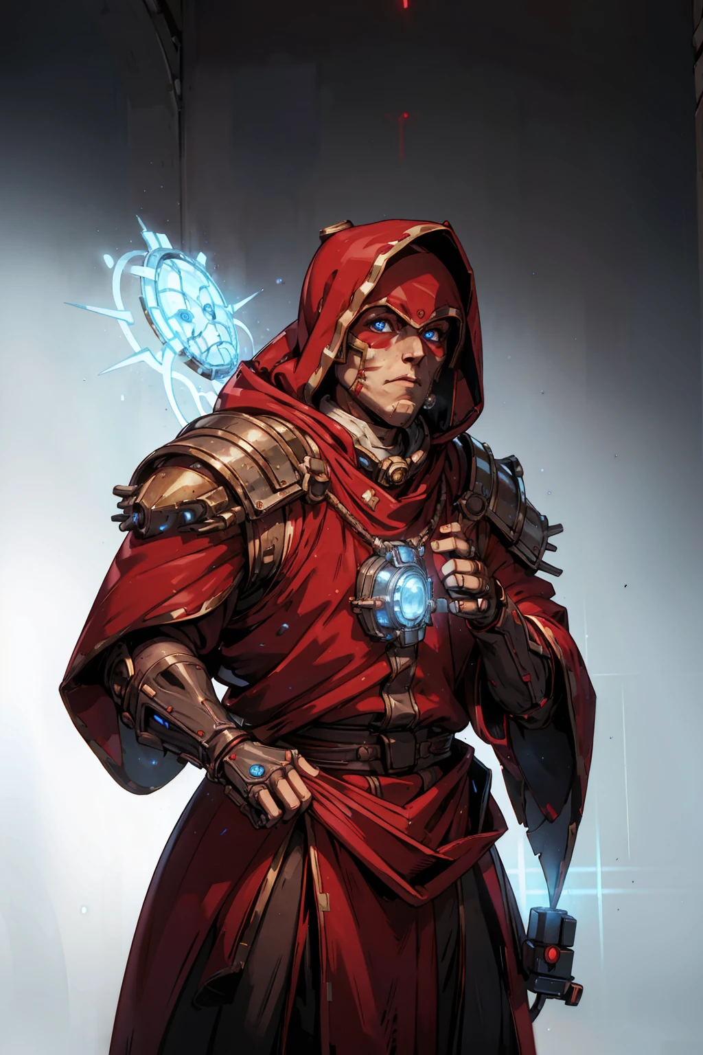 Ancient male tech-priest, long red mantle and hood, face-mask, glowing blue LED lights, (((upper body portrait)), frontal image, plain white background, standing)
