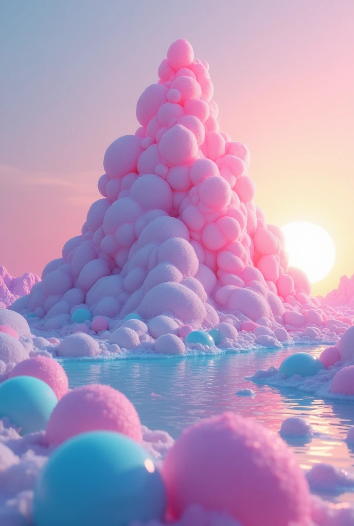 An enormous mountain made entirely of bubblegum rises from a candy-colored sea. The backlight from the sun creates a warm, glowing aura around the mountain, highlighting its pastel hues and giving the scene a whimsical, otherworldly feel.Alta resolución, Obra maestra, Preciso, La mejor calidad, Premiado muchas veces, Detalle, Detalles altos, Calidad, Muy detallado, Contraluz, 