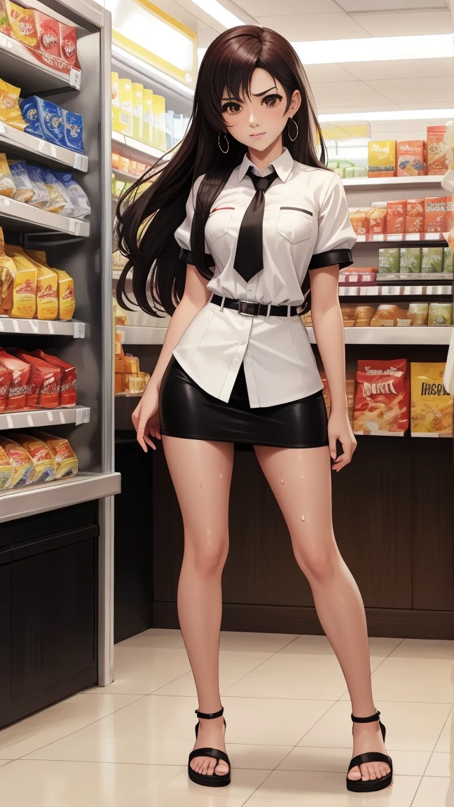 (High definition images), tifa Final Fantasy 7 Remake character, ((Red cheeks, An embarrassed expression)), The legs are very long, The legs are small and slender, ((White short-sleeved collared shirt)), (black pencil skirt), sandals, (not wearing underwear), (no underwear), (no panties, Visible genitals), Lubricant flows from the pussy, There was sweat coming out of the pussy, (There is a lot of pubic hair), (full body image), (crowd), In a convenience store.