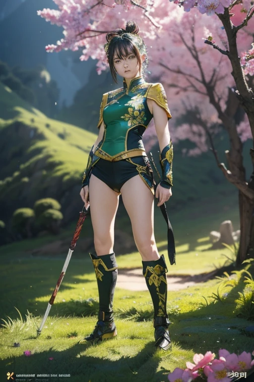 Full body photo of a person，Depicting a fantasy female warrior holding a staff。 Hall々Standing in a posture with，The expression is threatening。Green combat uniform。soft, The warm lighting accentuates her pensive gaze.。How to create：Digital Stroke、Reflect emotions、Wild Scene、In-depth character studies、Ambient Color、Chaotic atmosphere、Gribatree Tips、HD quality、Natural look。Focus on showcasing the power and strength of female warriors, (Floral watercolor:1.5)，(Ultra high color, Bright and vibrant colors:1.5), (Browsing Caution), (Looking at the audience from the front:1.5)