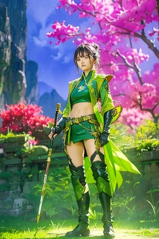 Full body photo of a person，Depicting a fantasy female warrior holding a staff。 Hall々Standing in a posture with，The expression is threatening。Green combat uniform。soft, The warm lighting accentuates her pensive gaze.。How to create：Digital Stroke、Reflect emotions、Wild Scene、In-depth character studies、Ambient Color、Chaotic atmosphere、Gribatree Tips、HD quality、Natural look。Focus on showcasing the power and strength of female warriors, (Floral watercolor:1.5)，(Ultra high color, Bright and vibrant colors:1.5), (Browsing Caution), (Looking at the audience from the front:1.5)