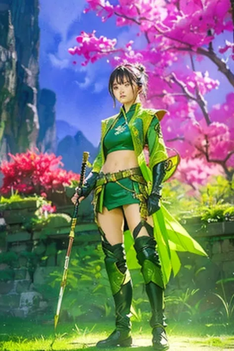 full body photo of a person，depicting a fantasy female warrior holding a staff。 hall々standing in a posture with，the expression i...