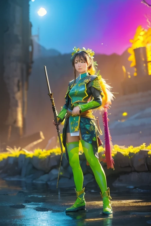 Full body photo of a person，Depicting a fantasy female warrior holding a staff。 Hall々Standing in a posture with，The expression is threatening。Green combat uniform。soft, The warm lighting accentuates her pensive gaze.。How to create：Digital Stroke、Reflect emotions、Wild Scene、In-depth character studies、Ambient Color、Chaotic atmosphere、Gribatree Tips、HD quality、Natural look。Focus on showcasing the power and strength of female warriors, (Floral watercolor:1.5)，(Ultra high color, Bright and vibrant colors:1.5), (Browsing Caution), (Looking at the audience from the front:1.5)