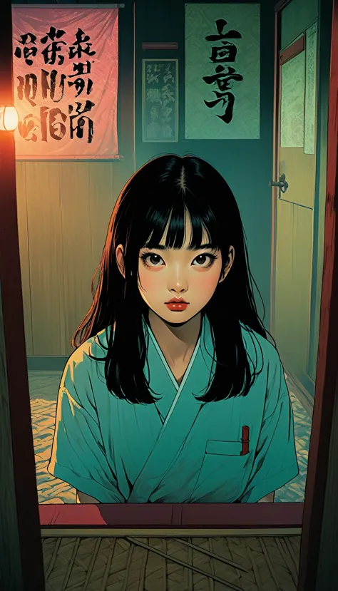 an illustration、art、80s thai horror movie poster, supervised by junji ito、(high school student:1.0)、japanese-style room、tatami、i...