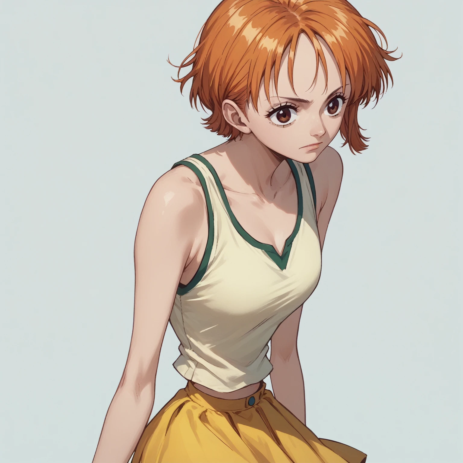 alone,
we,1 girl,orange hair,brown eyes,
short hair,
tank_maximum,Yellow skirt,