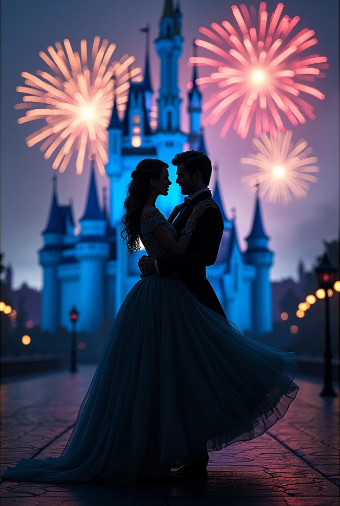 silhouette, princess carry, (masterpiece:1.2), best quality, high quality, Highres, (hyper detailed), detailed background, Cinderella Castle, fireworks, wide shot, cinematic lighting, 