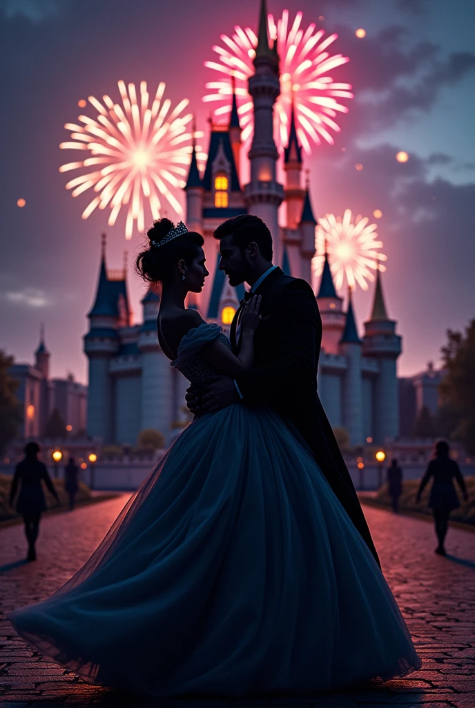 silhouette, princess carry, (masterpiece:1.2), best quality, high quality, Highres, (hyper detailed), detailed background, Cinderella Castle, fireworks, wide shot, cinematic lighting, 