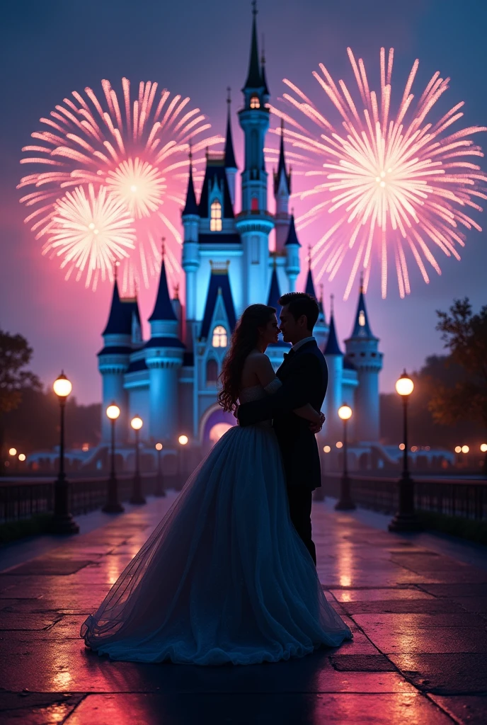 silhouette, princess carry, (masterpiece:1.2), best quality, high quality, Highres, (hyper detailed), detailed background, Cinderella Castle, fireworks, wide shot, cinematic lighting, 