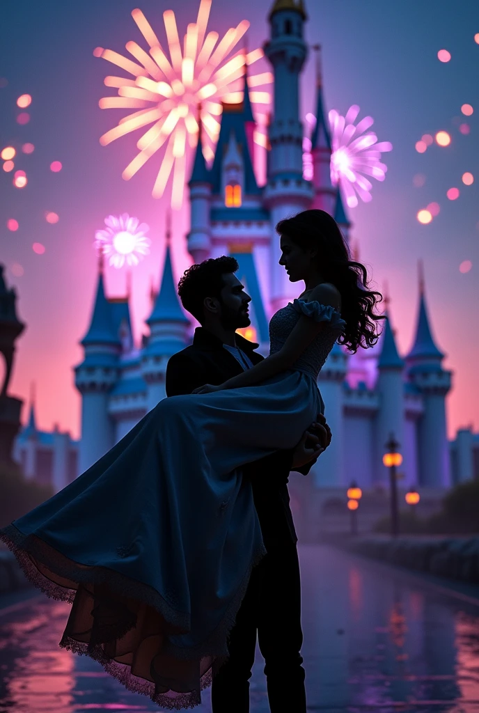 silhouette, princess carry, (masterpiece:1.2), best quality, high quality, Highres, (hyper detailed), detailed background, Cinderella Castle, fireworks, wide shot, cinematic lighting, 