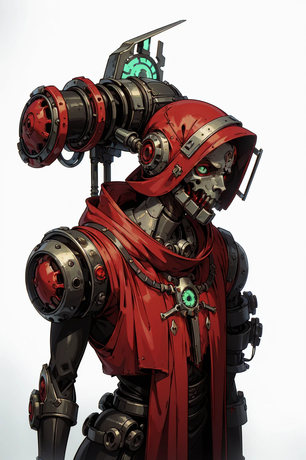 frontal view of an adeptus mechanicus robotic techno-priest, multiple arms, washed up red flowing modest ornate hooded techno-priest robes (made from black circuit board), face-covered, techno-mask, mechanical tentacle arm, mechanical green eyes, half skull, cogs, rust, dirty red robes, asymetrical body, respirator, massive backpak, 8k, lot of detail, grimdark, MechanicusStyleAI, (((((upper body portrait)), male, frontal view, plain white background, standing)))