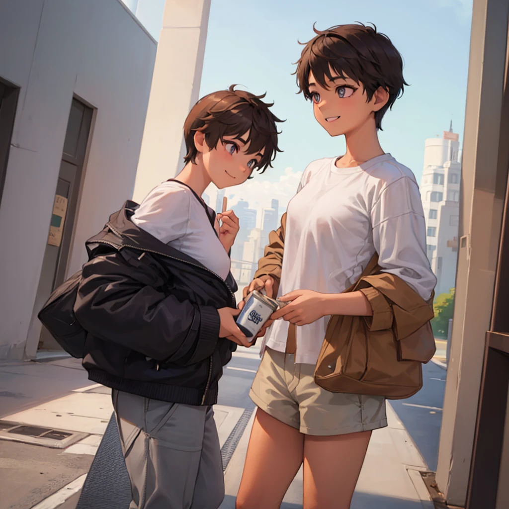 A girl with pixie side bangs haircut with light brown colored hair. Have a brown colored eyes. Small pupils. Have B cup breasts. Make her look like a boy, happy and smiling. Wearing an oversized shirt and short pants. 