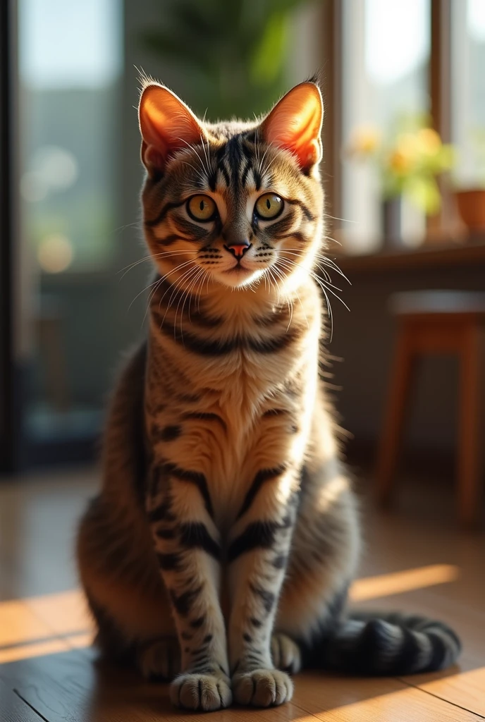 Ultra HD，high quality，wallpaper，An American Curl cat，front、Shooting against the light，The cat looks at the camera，Backlit photos show individual hair roots clearly，The environment is indoors by the window，The background is in front of a large transparent glass window，Solid wood table，Solid wood flooring,