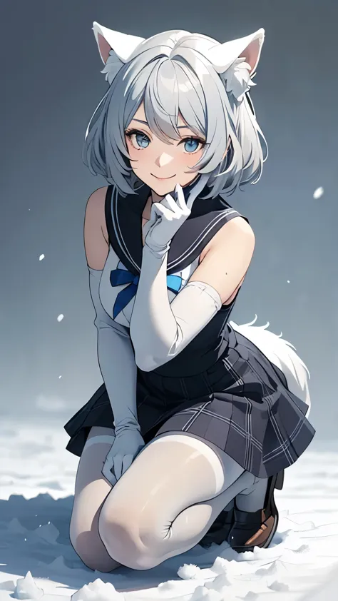 Tabletop　 Best image quality　wonderful　Attention to detail　One Young Woman（（Adult））whole body　Crouching　Anime Style　White Sailor Suit（Sleeveless）　Light blue mini skirt（Plaid）　snow-white gloves（Elbow Gloves）　White Pantyhose　loafers　White wolf ears　short hair（（Shortcuts）（Gray Hair）（Curly Hair）（fluffy））　smile（Happy）　Eye color is blue　background（living）　　