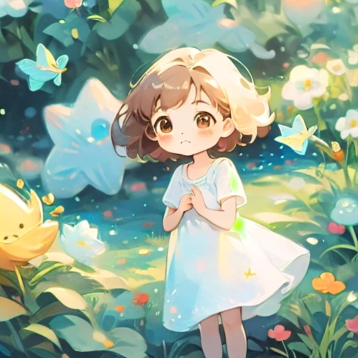 watercolor、Illustrations for children's picture books、bright、cute、high quality、delicate、Prudent、Adult women、effort、Brave、Curious、motivation、discovery、diligence、experience、Dark brown hair、Dark brown eyes、White Dress、Light blue flower garden、nature、Simple、short hair、blue flower、pastel、bright、illustration、Blue、White、