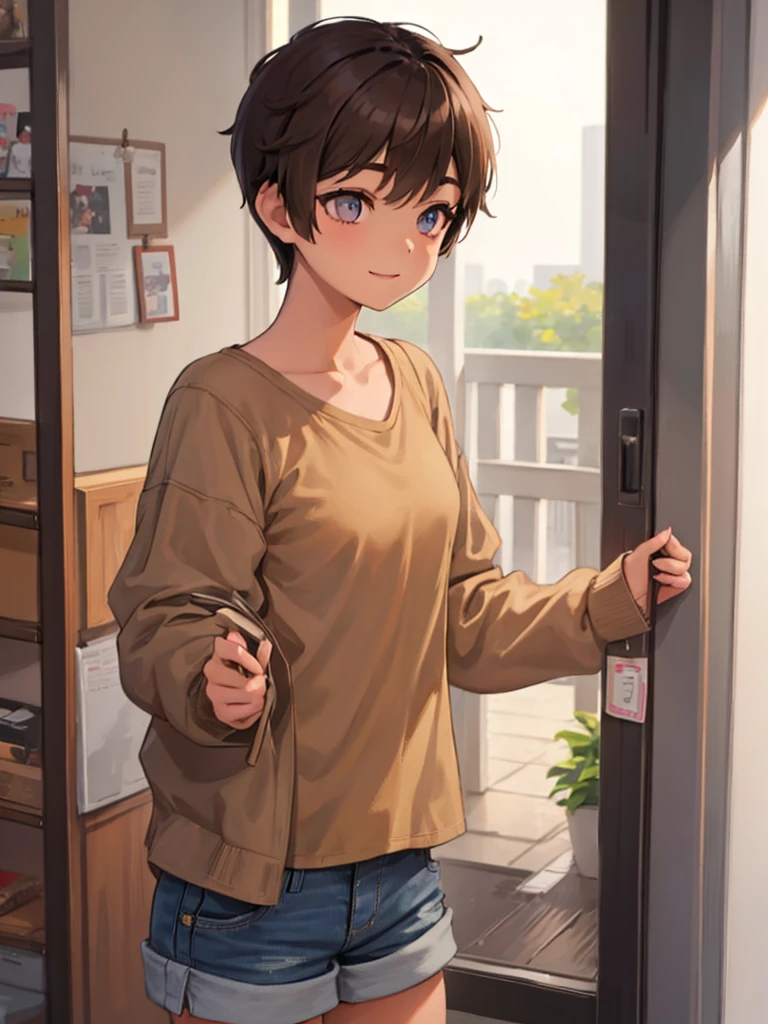 A girl with pixie side bangs haircut with light brown colored hair. Have a brown colored eyes. Small pupils. Have B cup breasts. Make her look like a boy visual, happy and smiling. Wearing an oversized shirt and short pants. 