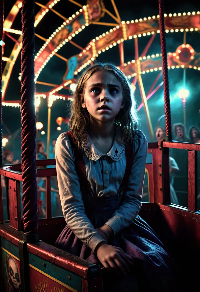 a girl trapped in a haunted carnival ride,horror,dark fantasy,dark carnival,creepy,eerie atmosphere,unsettling,dramatic lighting...